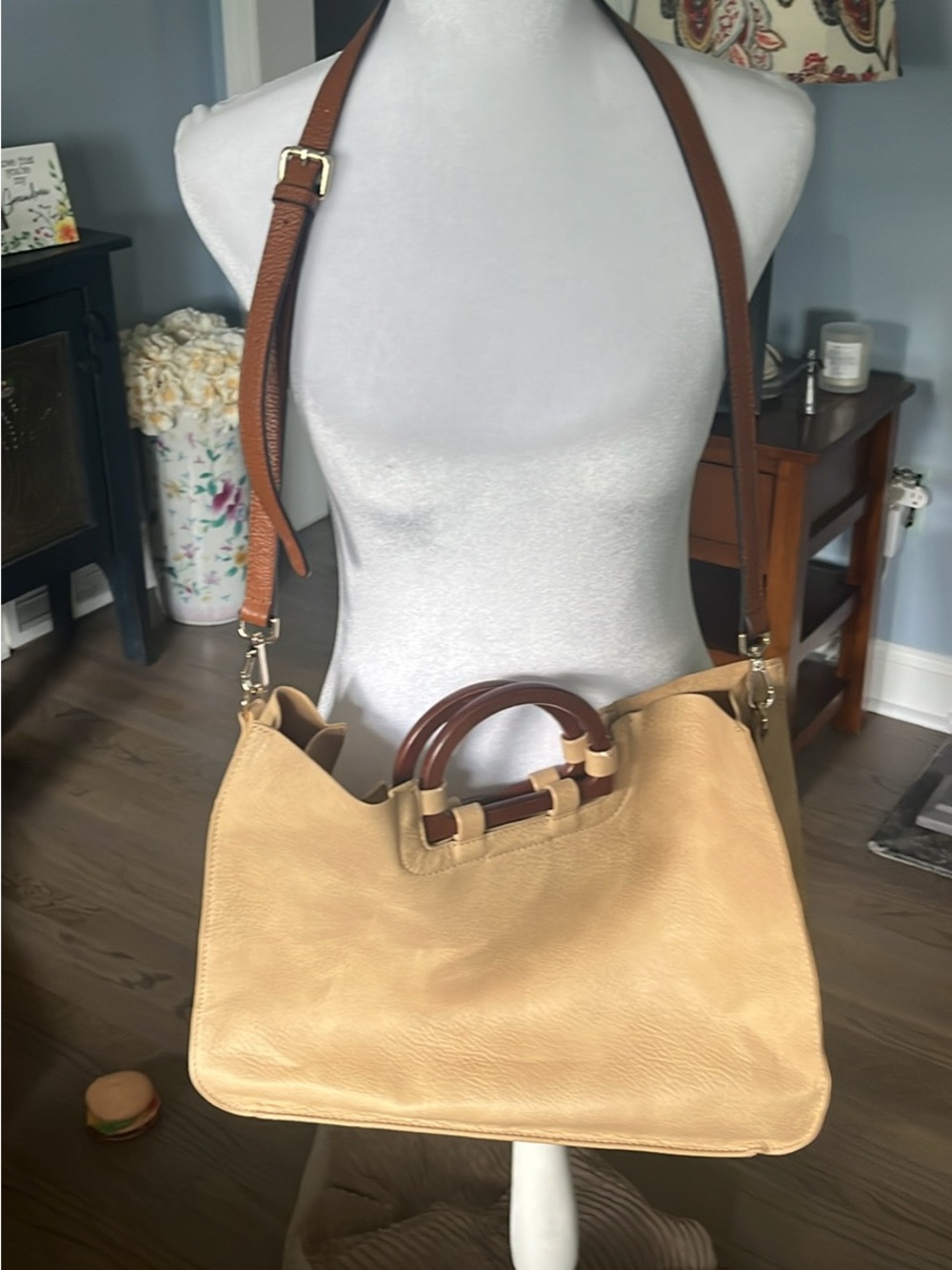Structured Cream Shoulder Bag with Brown Accents